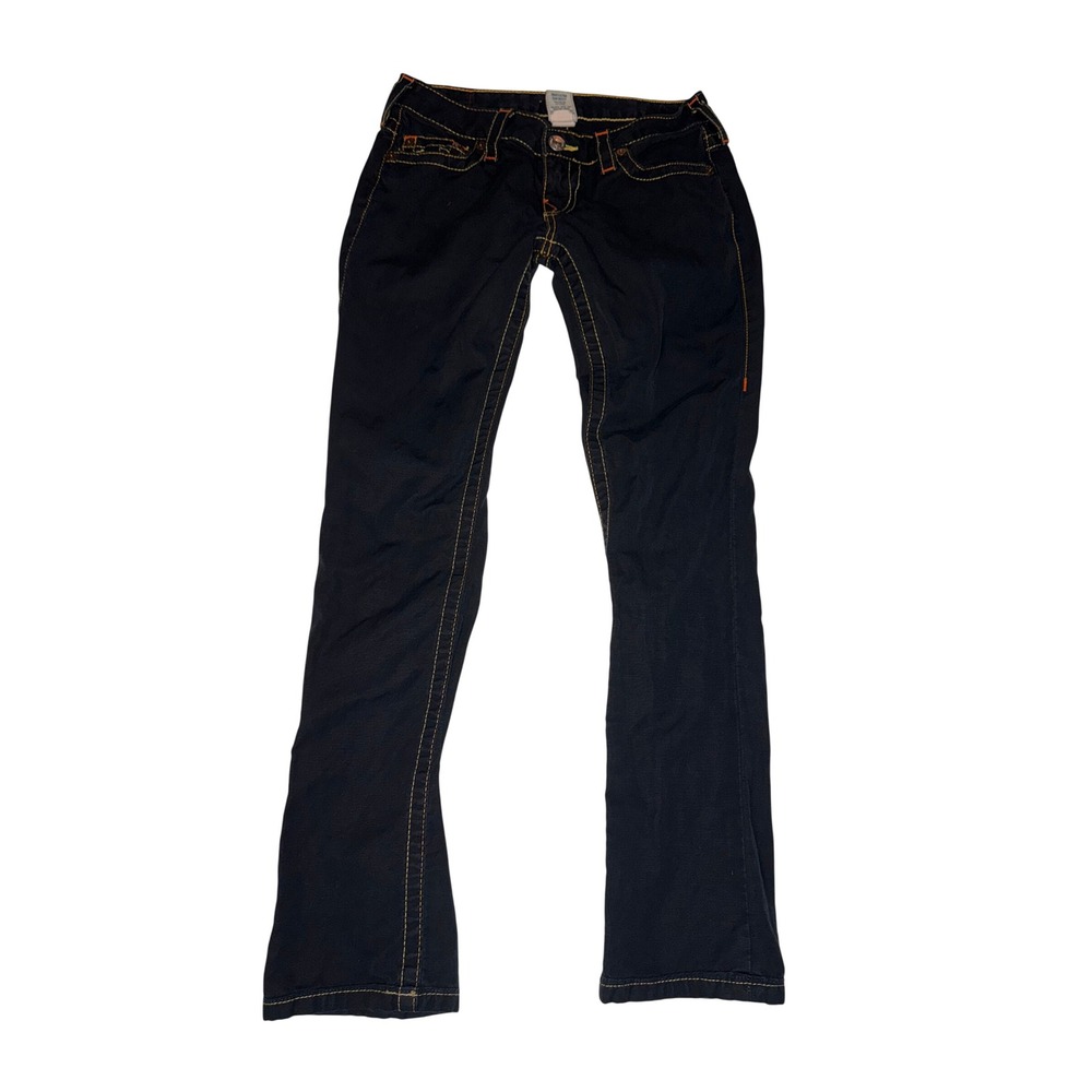 True Religion Johnny Black Jeans Orange & Yellow Stitch Straight Leg Womens 27